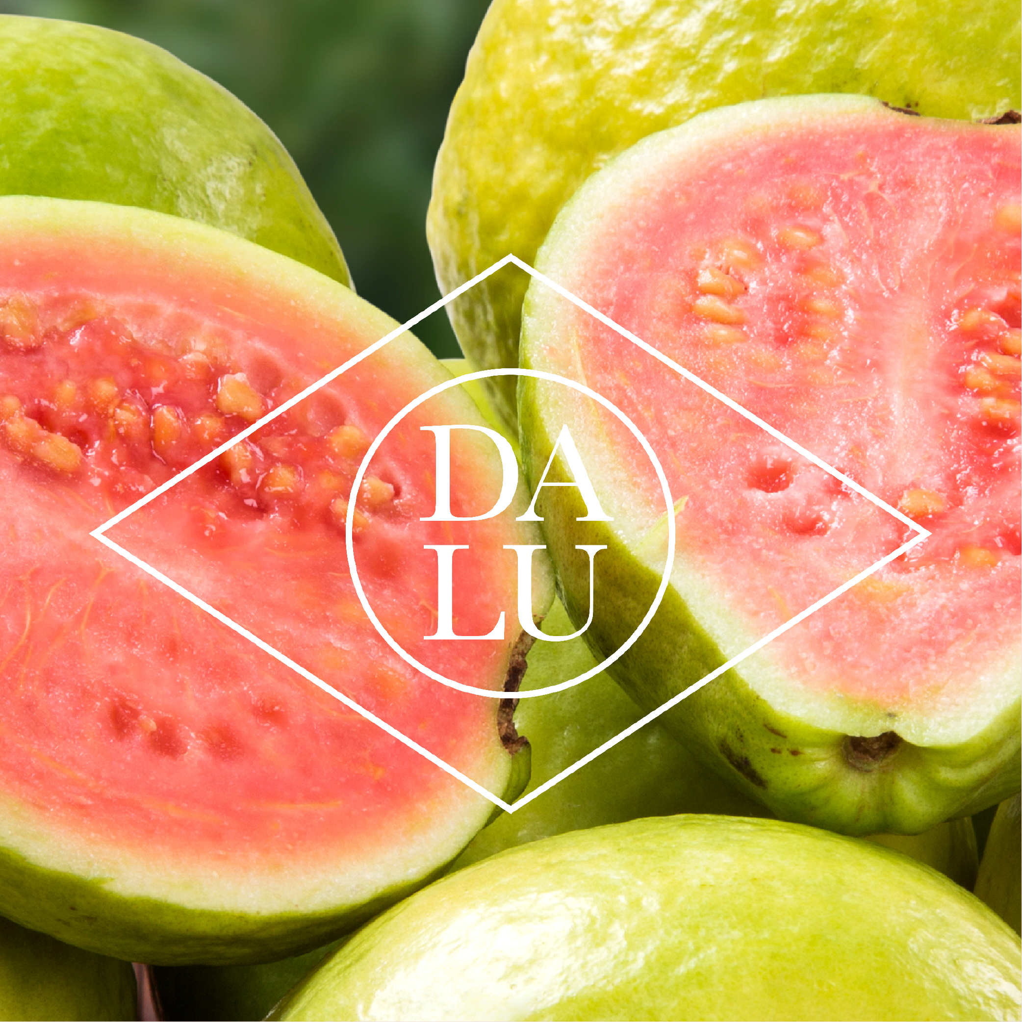 DALU Logo negativ Das edle DALU Logo mit Goiaba-Früchten im Hintergrund.
